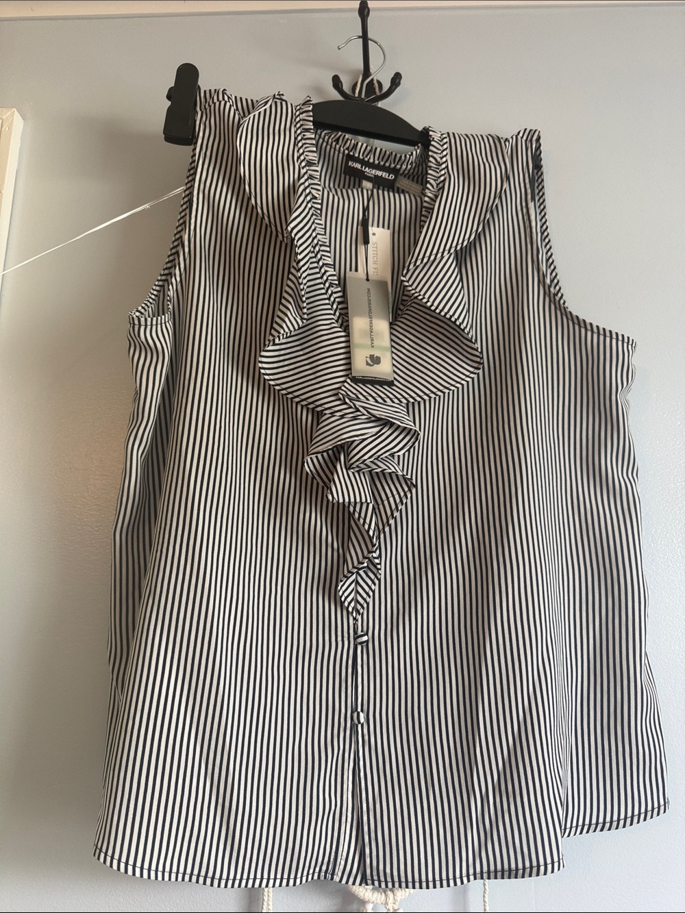 Karl Lagerfeld Black and White Vertical Stripe Ruffle Sleeveless Top